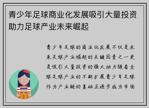 青少年足球商业化发展吸引大量投资助力足球产业未来崛起
