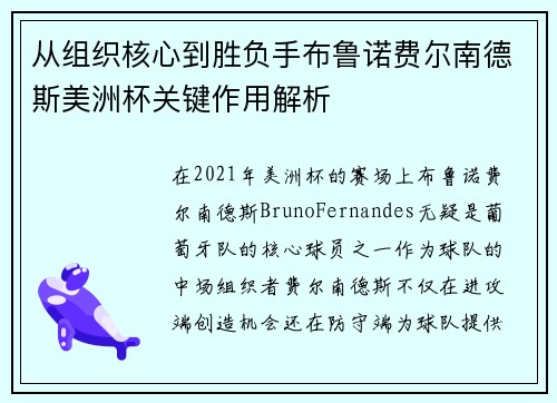 从组织核心到胜负手布鲁诺费尔南德斯美洲杯关键作用解析